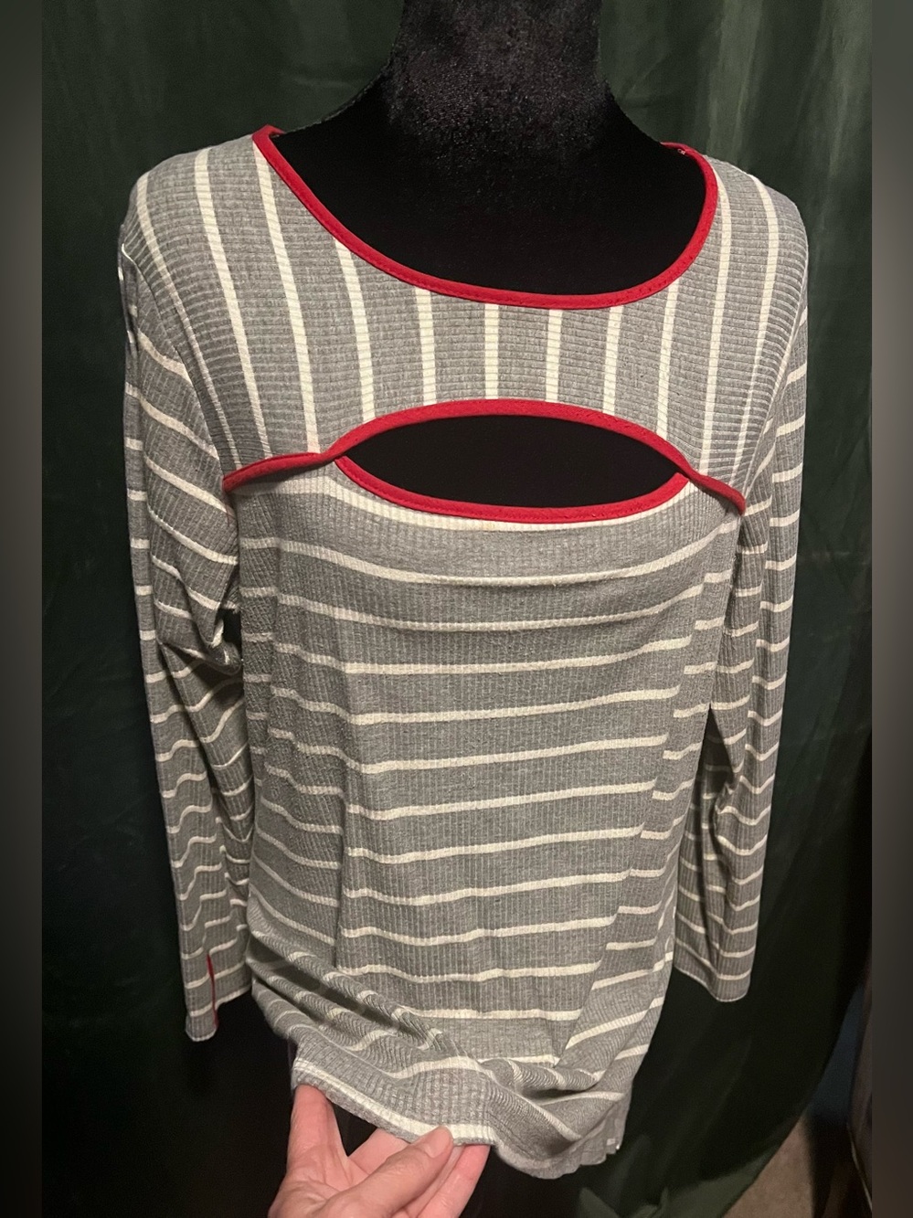 OSO Casuals - Gray & White Striped Long Sleeve Top with Red Trim - Picture 3 of 4